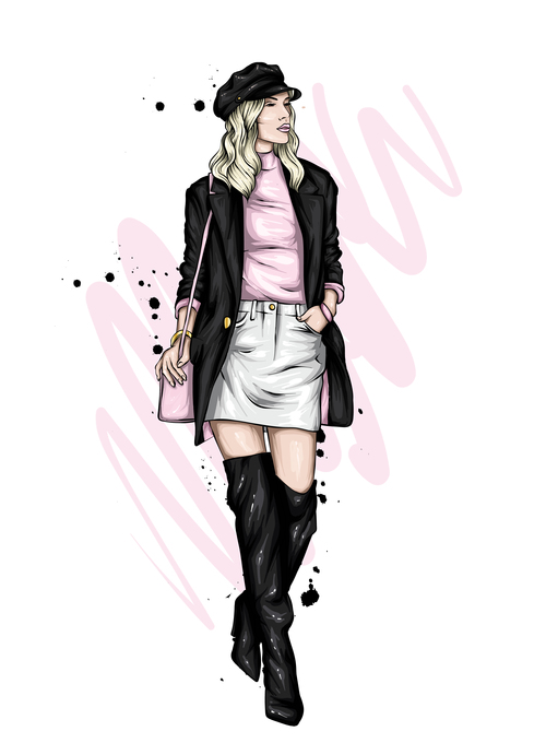 Capable female fashion clothes and accessories watercolor illustration vector