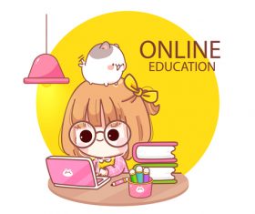Cartoon illustration kid studying online vector
