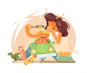 Combing hair for children cartoon illustration vector