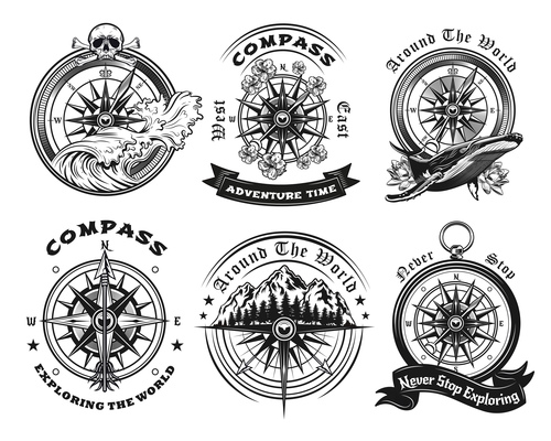 Compass tattoo templates set vector