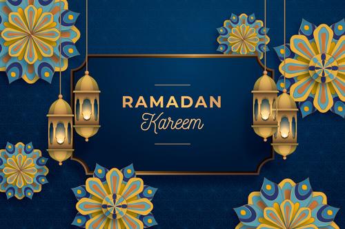 Dark blue background Ramadan Kareem card vector