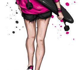 Fashion skateboard girl back view vector