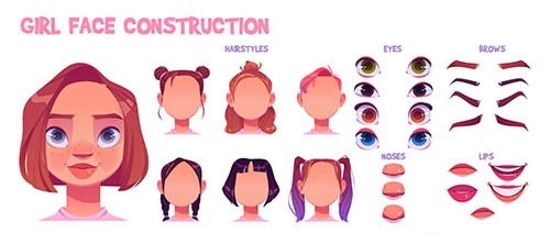 Girl face construction avatar creation set vector