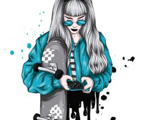 Girl holding skateboard playing mobile phone vector