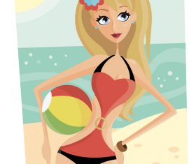 Girl playing beach volleyball cartoon illustration vector