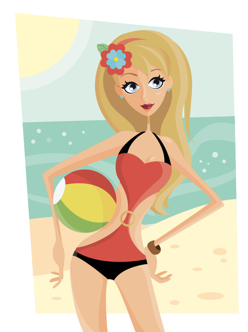 Girl playing beach volleyball cartoon illustration vector