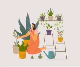Girl taking care houseplants illustration vector