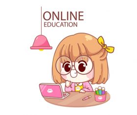 Kid studying online cartoon illustration vector