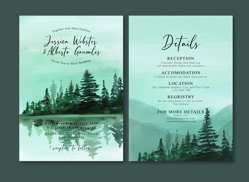 Misty mountains nature watercolor painting invitation card vector