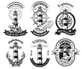 Monochrome emblems with lighthouse vector illustration set