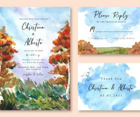 Orange tree and green grass watercolor landscape wedding invitation card vector