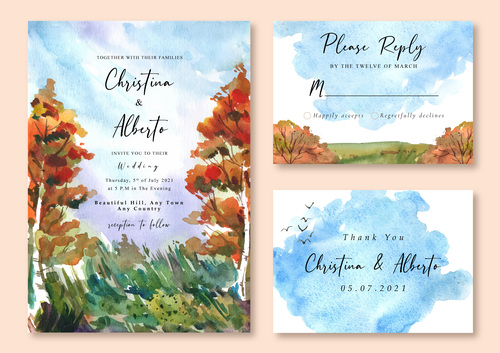 Orange tree and green grass watercolor landscape wedding invitation card vector