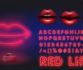 Red lips neon style logo and font background vector