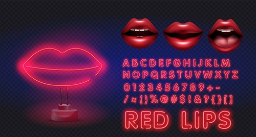 Red lips neon style logo and font background vector