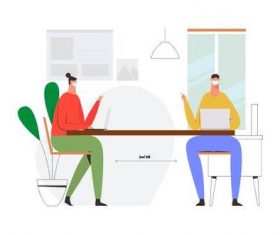 Social distancing meeting with mask illustration vector