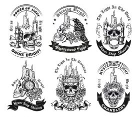 Vintage badges with candle on skull vector illustration set