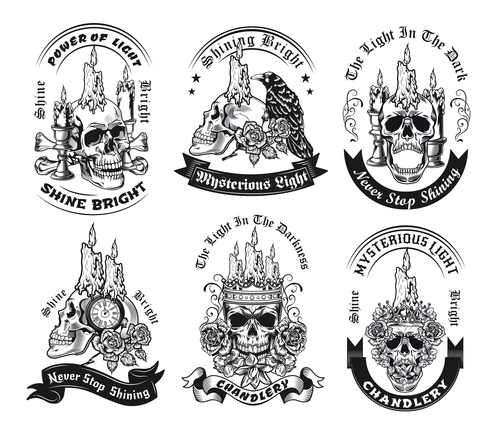Vintage badges with candle on skull vector illustration set