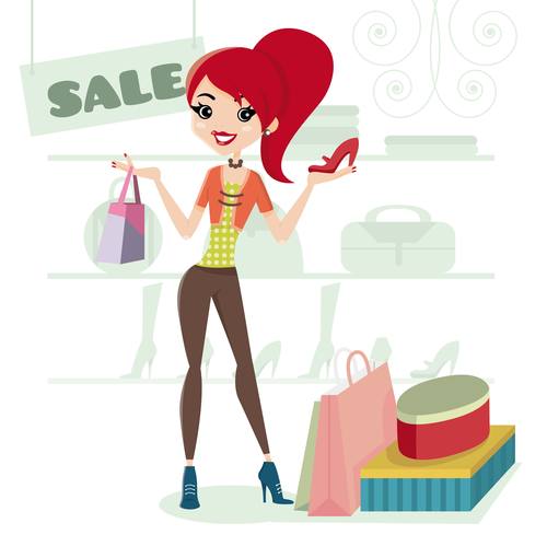 Woman shopping for shoes cartoon illustration vector