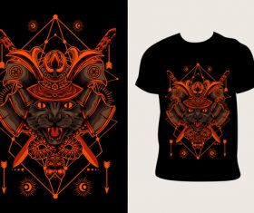 kucing samurai pattern T-shirt printing vector