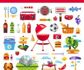 Barbecue and summer picnic flat design icons vector