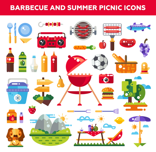 Download Barbecue and summer picnic flat design icons vector free ...