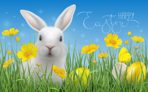 Bunny and Easter eggs in the grass vector