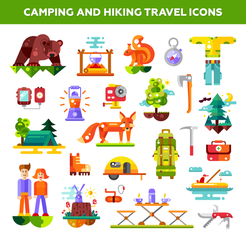 Camping and hiking travel icons vector