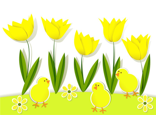 Chick and tulip cartoon illustration vector