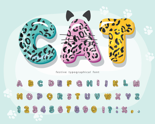 Colorful animal skin pattern festive typographica font vector