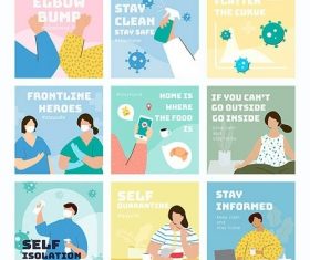 Coronavirus prevention social post set vector