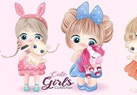 Cute girl watercolor illustrations vector