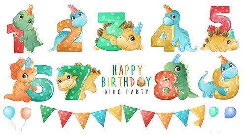 Cute little dinosaur with numbering birthday party collection vector