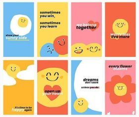 Cute positive quotes templates vector doodle smiley emoticons banner set