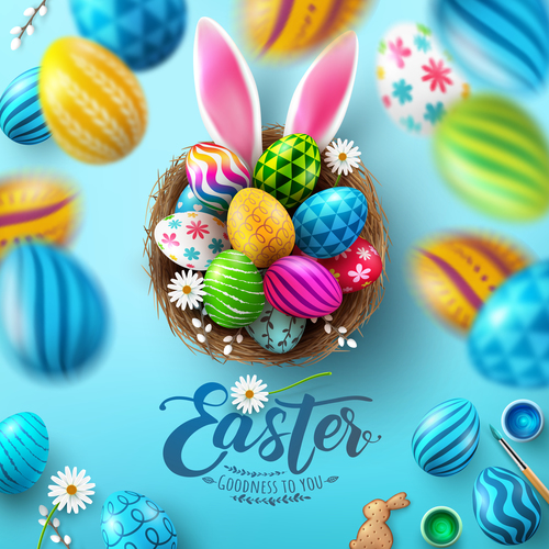 Easter background card vector with easter eggs in basket