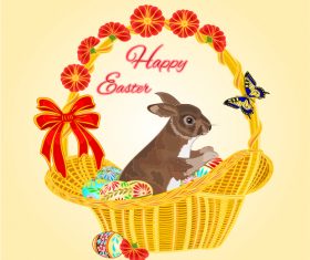 Easter bunny in a basket with Easter eggs vector