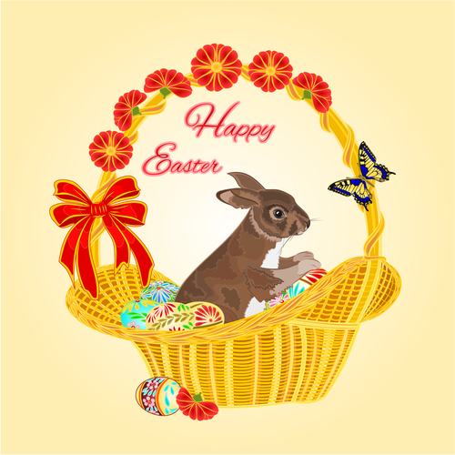 Easter bunny in a basket with Easter eggs vector