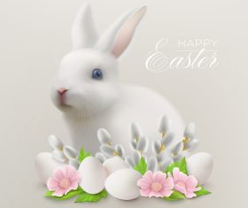 Easter realistic bunny and flowers greeting card vector