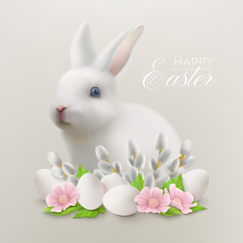 Easter realistic bunny and flowers greeting card vector