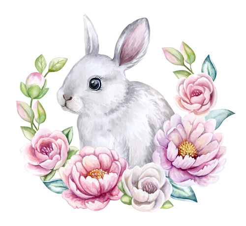 Flowers and bunny easter card vector