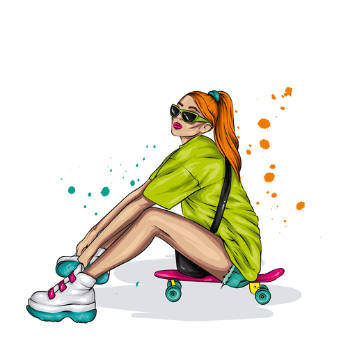 Girl sitting on skateboard vector