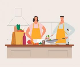 Husband and wife cooking together illustration vector
