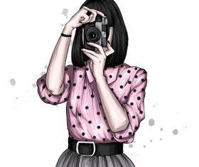 Illustration girl taking photo vector