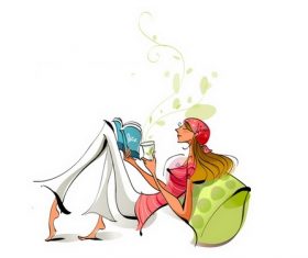 Illustration vector of a girl drinking coffee and reading a book