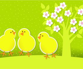 Little chicken cartoon illustration vector under big tree