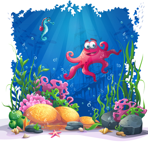 Octopus and seahorse ocean world cartoon vector