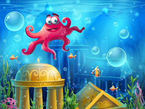 Octopus and the ruins of the underwater city vector