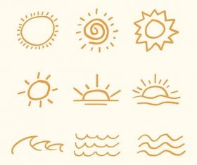 Orange summer sunset vector sticker cute doodle set