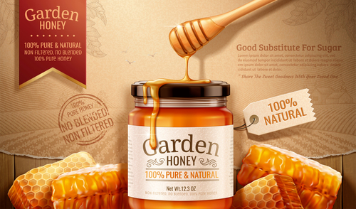 Pure green garden honey promotional flyer vector