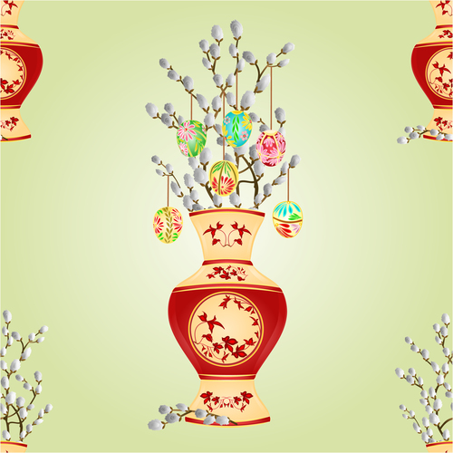 Seamless texture vase with pussy willow and easter eggs vector