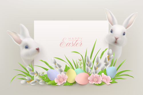 Two rabbits and flowers easter greeting card vector
